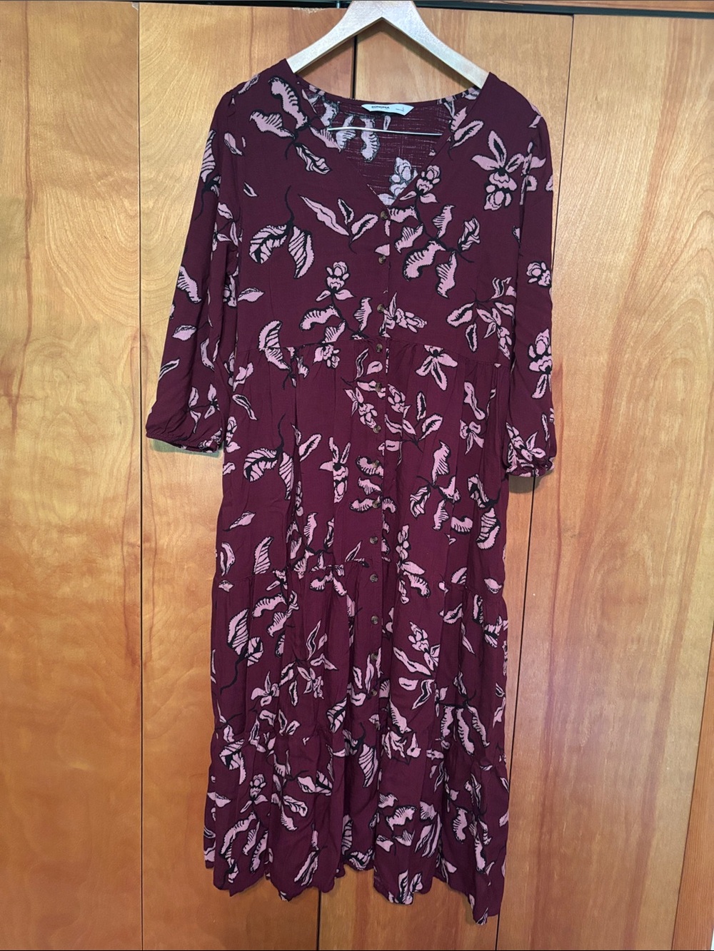 Sonoma Burgundy Midi Dress with Pink Floral Print